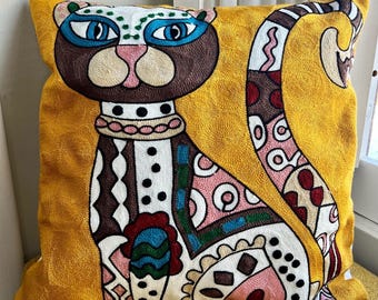 猫のパレード刺繍入りクッションカバー、猫好きへのギフト、シルク刺繍