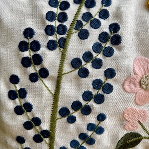 Puede incluir: Primer plano de una tela de color crema con dise&ntilde;os florales bordados en azul y verde. El dise&ntilde;o presenta una serie de c&iacute;rculos azules conectados por tallos verdes.