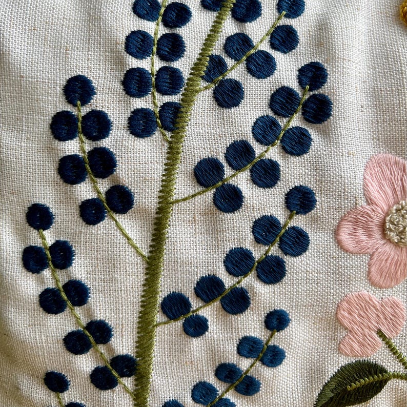 Puede incluir: Primer plano de una tela de color crema con dise&ntilde;os florales bordados en azul y verde. El dise&ntilde;o presenta una serie de c&iacute;rculos azules conectados por tallos verdes.