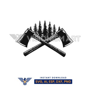 May include: Black and white silhouette of two crossed axes with a forest of pine trees behind them.