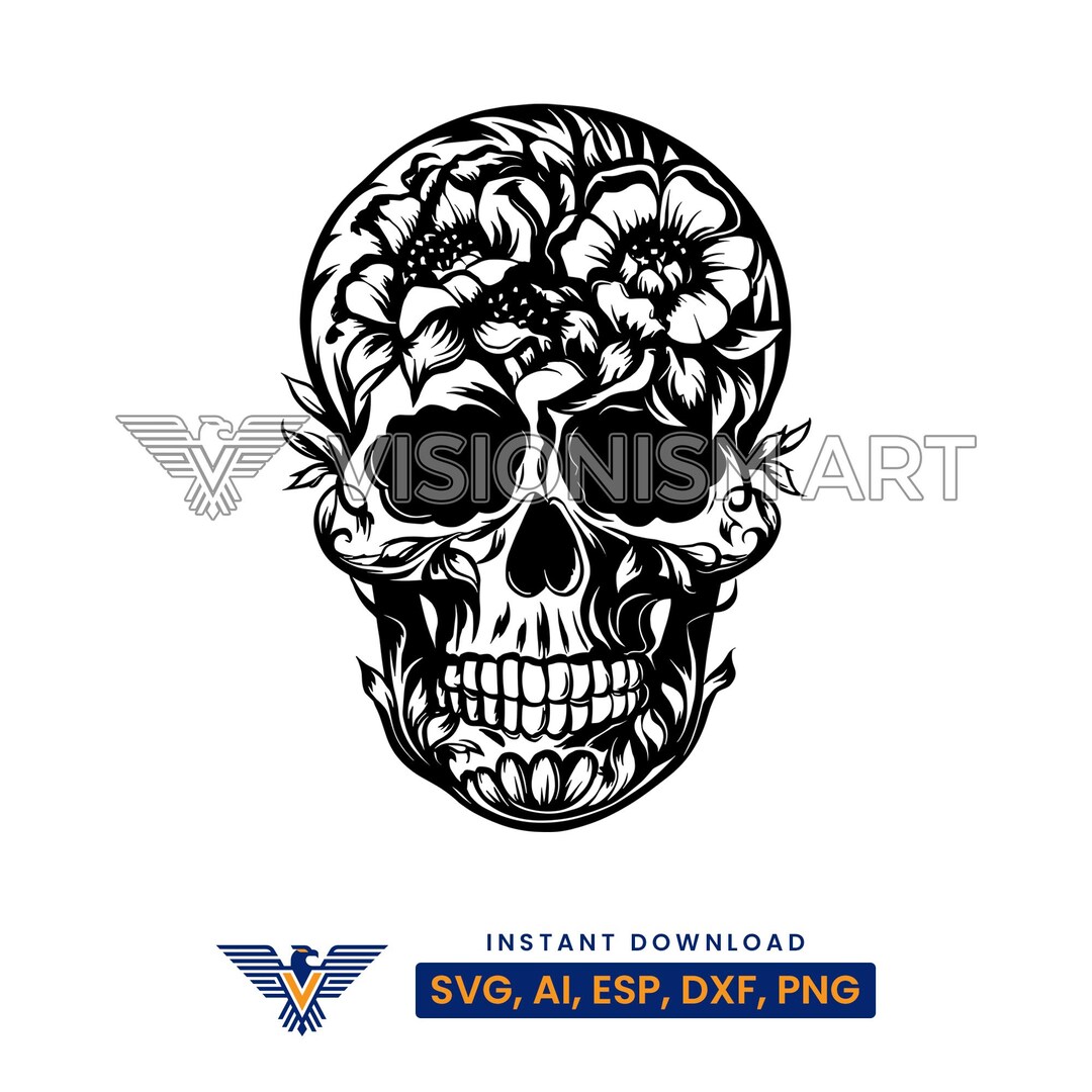 Floral Skull Design | Detailed Skull With Flowers | Boho Chic Digital ...