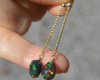 Ethiopian Black Opal Dangle Earrings on Gold Post