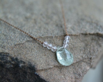 Mint Green Tourmaline and Rose Quartz Tiny Gem Necklace  17 Inches
