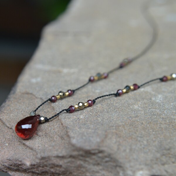 Garnet Knotted Silk Necklace with Pyrite and Gold 18 Inches