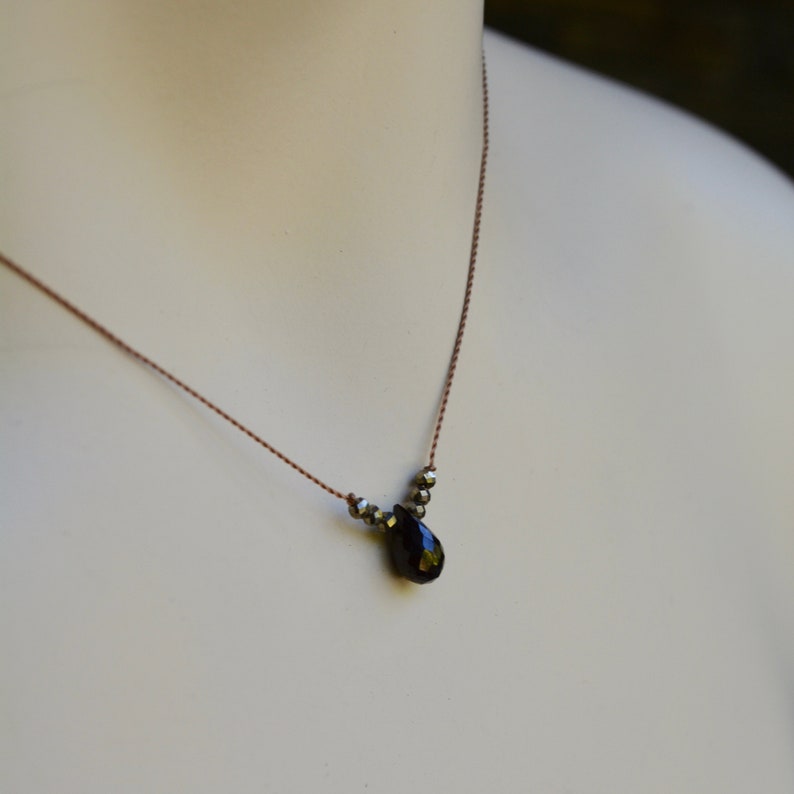 Black Spinel and Pyrite Knotted Silk Necklace Tiny Gem Necklace