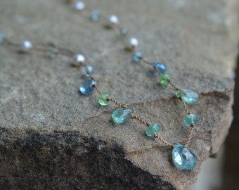 Gemstone and Pearl Knotted Silk Necklace 18 Inches Zircon, Emerald, Tourmaline, Blue Topaz, Aquamarine