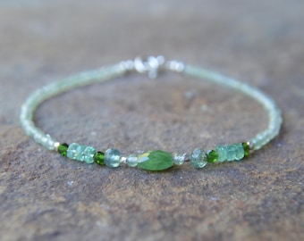 Dainty Green Gemstone Bracelet Tsavorite Emerald Tourmaline Strawberry Quartz 6 1/2 or 7 Inches