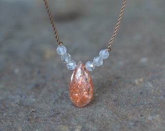 Sunstone and Moonstone Tiny Gem Necklace 17 Inches