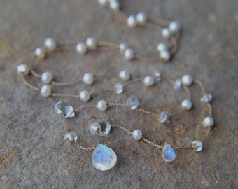 Rainbow Moonstone and Pearl Knotted Silk Necklace 18 Inches