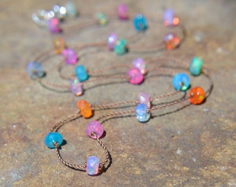 Multicolor Ethiopian Opal Knotted Silk Choker Necklace 15 and 16 Inches