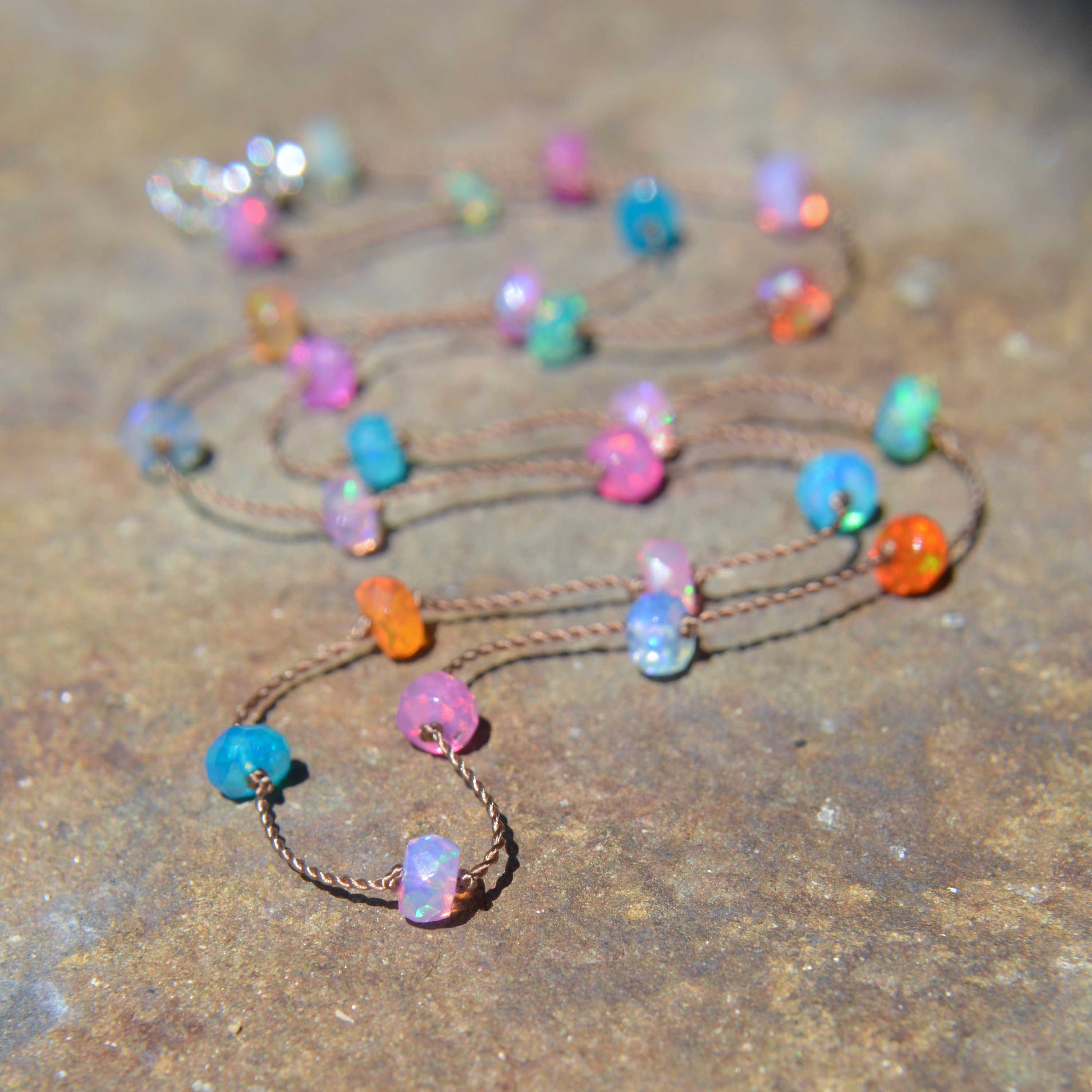 Multicolor Ethiopian Opal Knotted Silk Choker Necklace 15 and 16 Inches