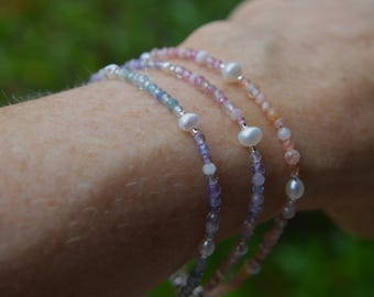 Tiny Gemstone and Pearl Silk Bracelet Three Colorways Two Sizes
