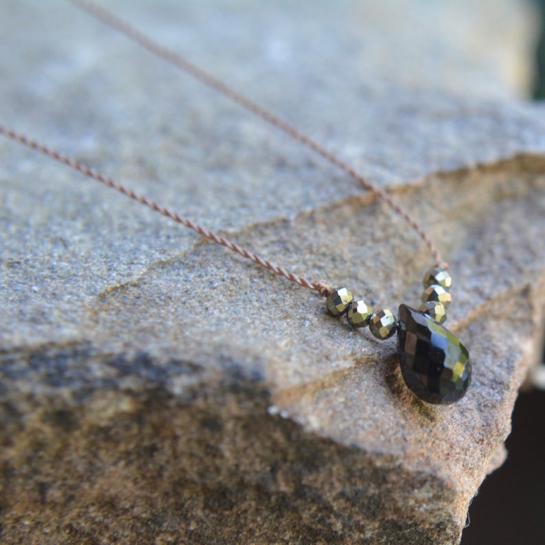 Black Spinel and Pyrite Knotted Silk Necklace Tiny Gem Necklace