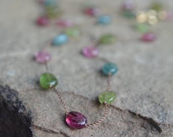 Confetti Tourmaline Knotted Silk Choker Necklace 15 or 16 Inches