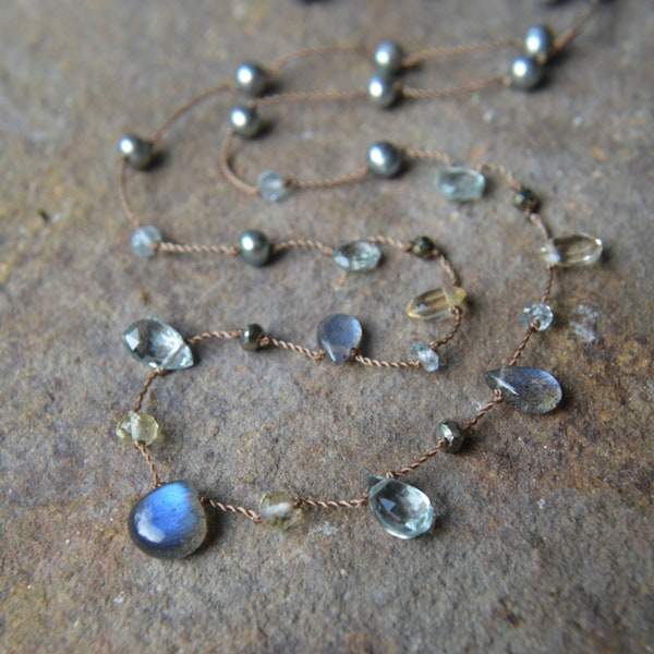 Knotted Silk Necklace with Labradorite, Scapolite, Aquamarine, Pyrite, Blue Topaz, Heliodor and Pearl 17 1/2 Inches