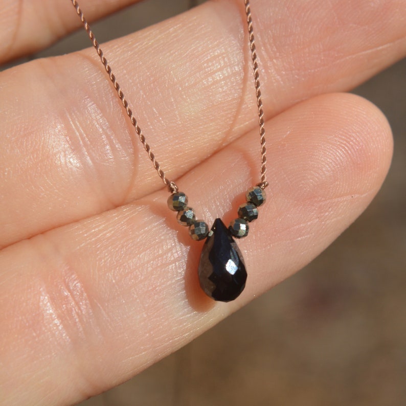 Black Spinel and Pyrite Knotted Silk Necklace Tiny Gem Necklace