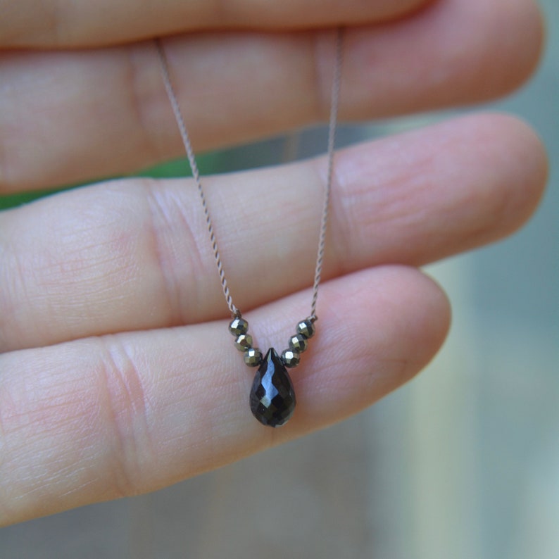 Black Spinel and Pyrite Knotted Silk Necklace Tiny Gem Necklace