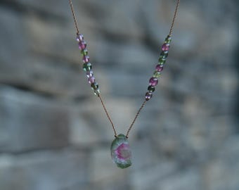 Watermelon Tourmaline Slice Knotted Silk Necklaces