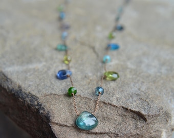 Multi Blue and Green Gemstone Knotted Silk Necklace 16 Inches