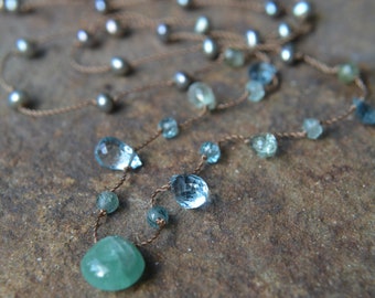 Gemstone and Pearl Knotted Silk Necklace Emerald, Tourmaline, Blue Topaz, Apatite, Chalcedony, Aquamarine, Pearl 18 Inches