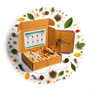 May include: Open cardboard box with tea sachets, cinnamon stick, and dried orange slice. The box is filled with shredded paper and a chart with tea descriptions. The box is surrounded by flowers, leaves, and seeds.