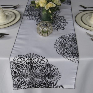 White and Black Medallion Damask Flocked Damask Table Runner Wedding Table Runner image 2