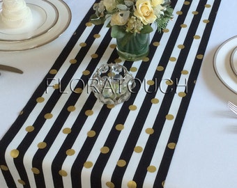 White and Black Striped with Gold Dots Table Runner Wedding Table Runner - Limited stock