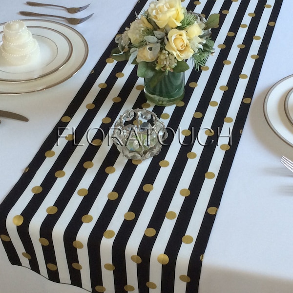 White and Black Striped with Gold Dots Table Runner Wedding Table Runner - Limited stock