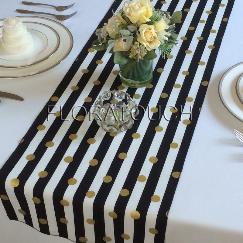 White and Black Striped With Gold Dots Table Runner Wedding Table
