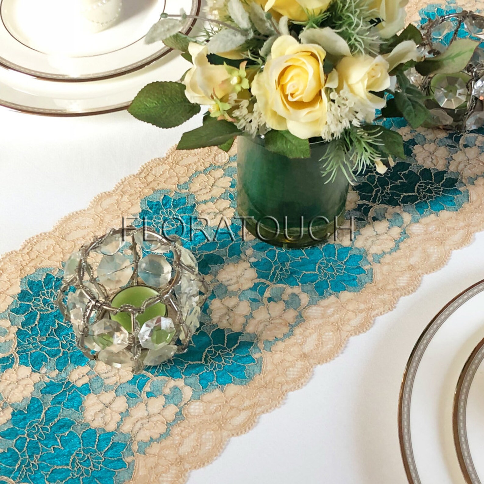 Teal and Gold Lace Table Runner Wedding Table Runner LTG01 Etsy