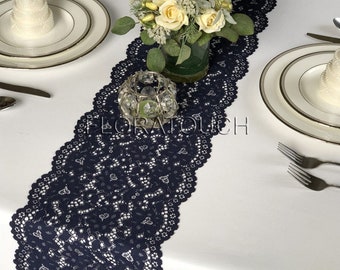 Floral Navy Blue Lace Table Runner with Large Scalloped Edge LBN12