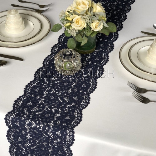 Navy Blue Lace Table Runner With Scalloped Edge Wedding Table Etsy