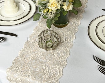 Shimmering Champagne Gold Lace Wedding Table Runner With Floral Scrolls Pattern LCG07 - 8.5in Wide