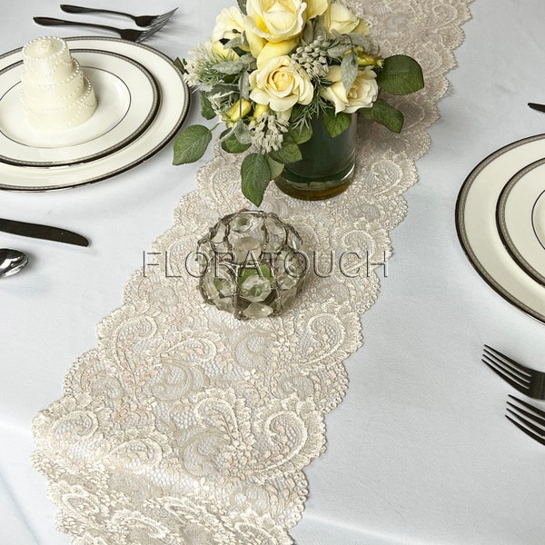 Shimmering Champagne Gold Lace Wedding Table Runner With Floral Scrolls Pattern LCG07 - 8.5in Wide