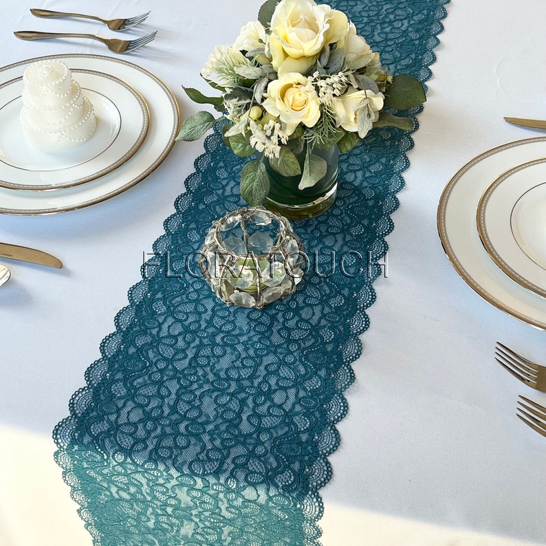 Scalloped Edge Peacock Teal Lace Table Runner Wedding Table Runner LP9 image 1