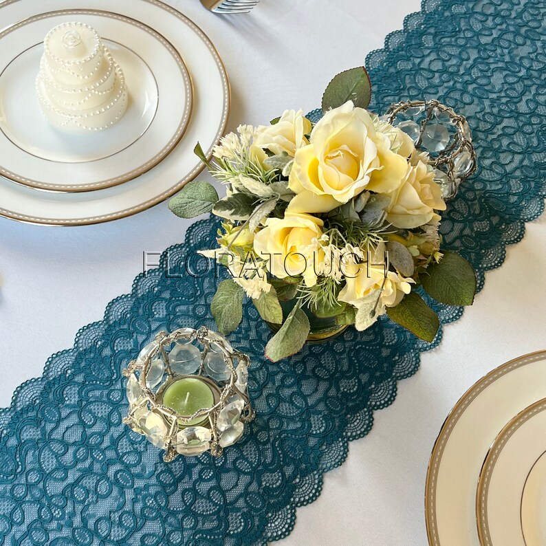 Scalloped Edge Peacock Teal Lace Table Runner Wedding Table Runner LP9 image 4