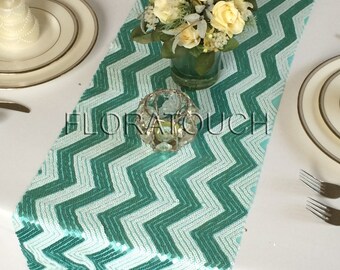 Aqua and White Chevron Sequin Table Runner Wedding Table Runner