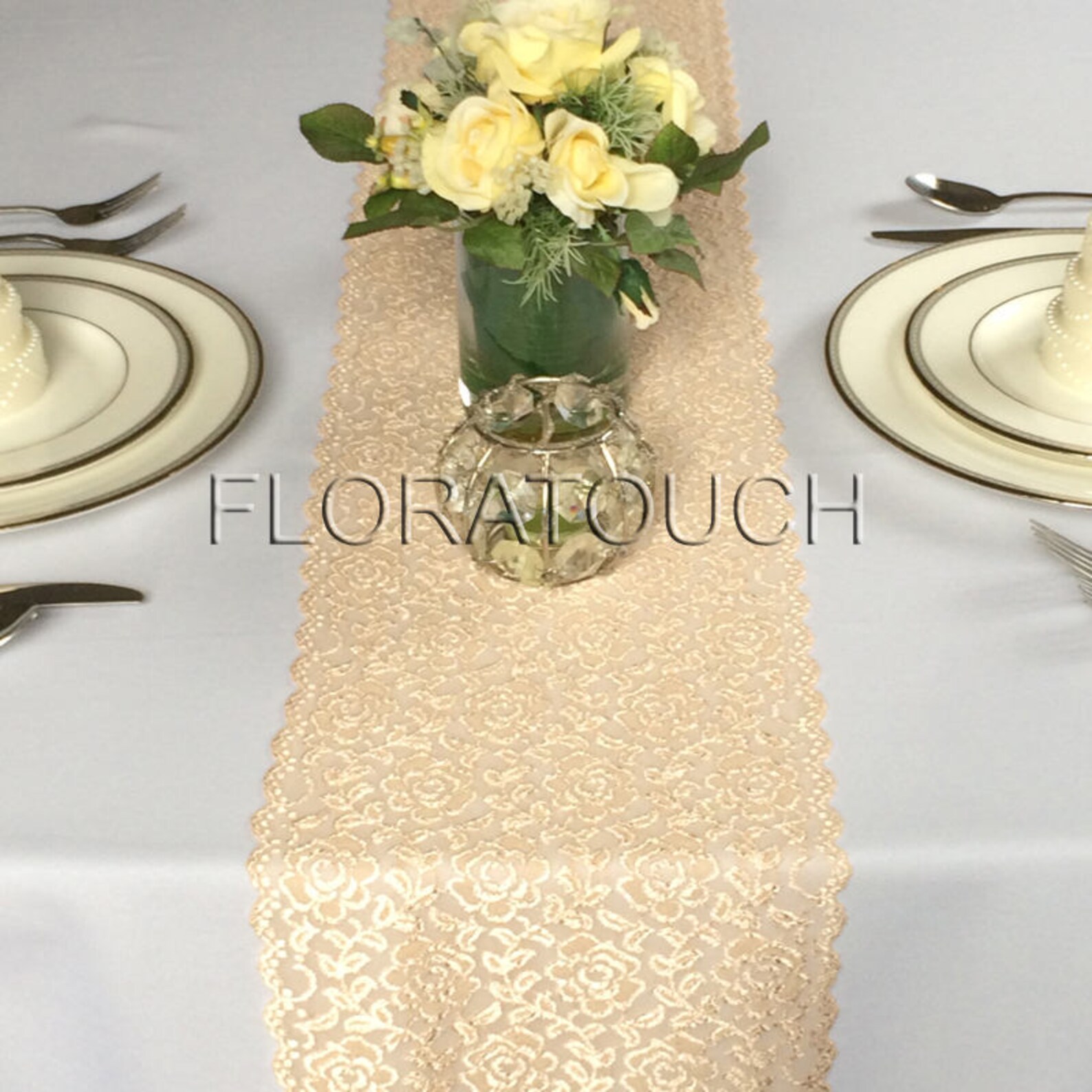 Champagne Gold Lace Table Runner With Scalloped Edge Wedding Etsy
