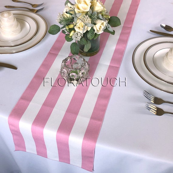 Runner da tavolo da sposa a righe rosa e bianche con strisce rosa sui bordi  larghi 10,5 pollici -  Italia
