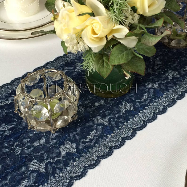 Navy Blue Lace Table Runner With Metallic Thread Wedding Table Etsy