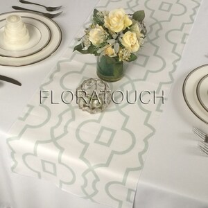 Bordeaux White and Artichoke Green Damask Table Runner Wedding Table Runner image 1