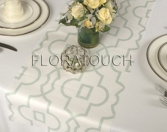 Bordeaux White and Artichoke Green Damask Table Runner Wedding Table Runner