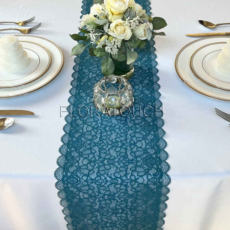 Scalloped Edge Peacock Teal Lace Table Runner Wedding Table Runner LP9 image 2