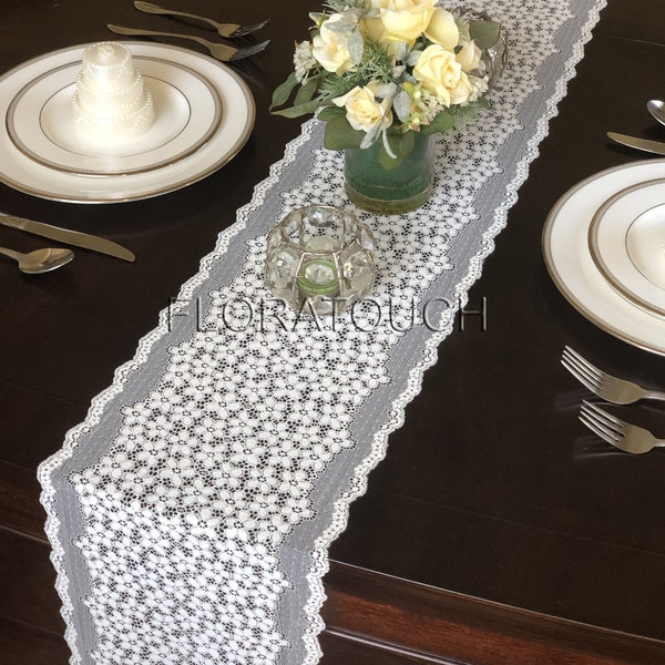 Ivory Floral Lace Table Runner Wedding Table Runner 9.25" wide - LIvory06