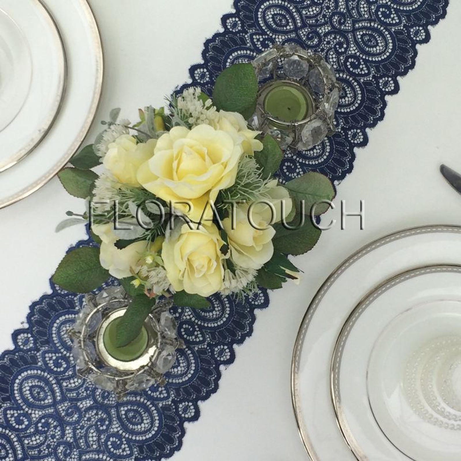 Navy Blue Lace Table Runner With Scalloped Edge Wedding Table Etsy