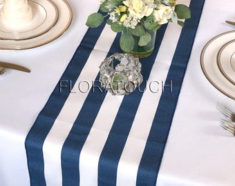 White and Navy Stripe Table Runner 10.5in Wide with Navy Stripes on the Borders