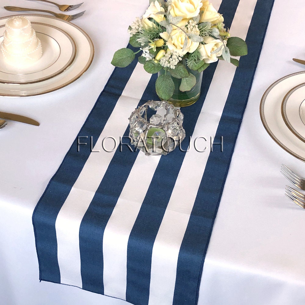 White and Navy Stripe Table Runner 10.5in Wide With Navy Etsy
