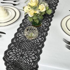 Black Floral Lace Table Runner with Scalloped Edge Style LBlk11