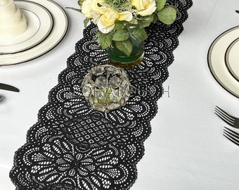 Black Floral Lace Table Runner with Scalloped Edge 9" wide Style LBlk11