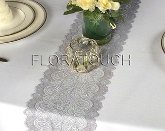 Gray Lace Table Runner with Scalloped Edge Wedding Table Runner